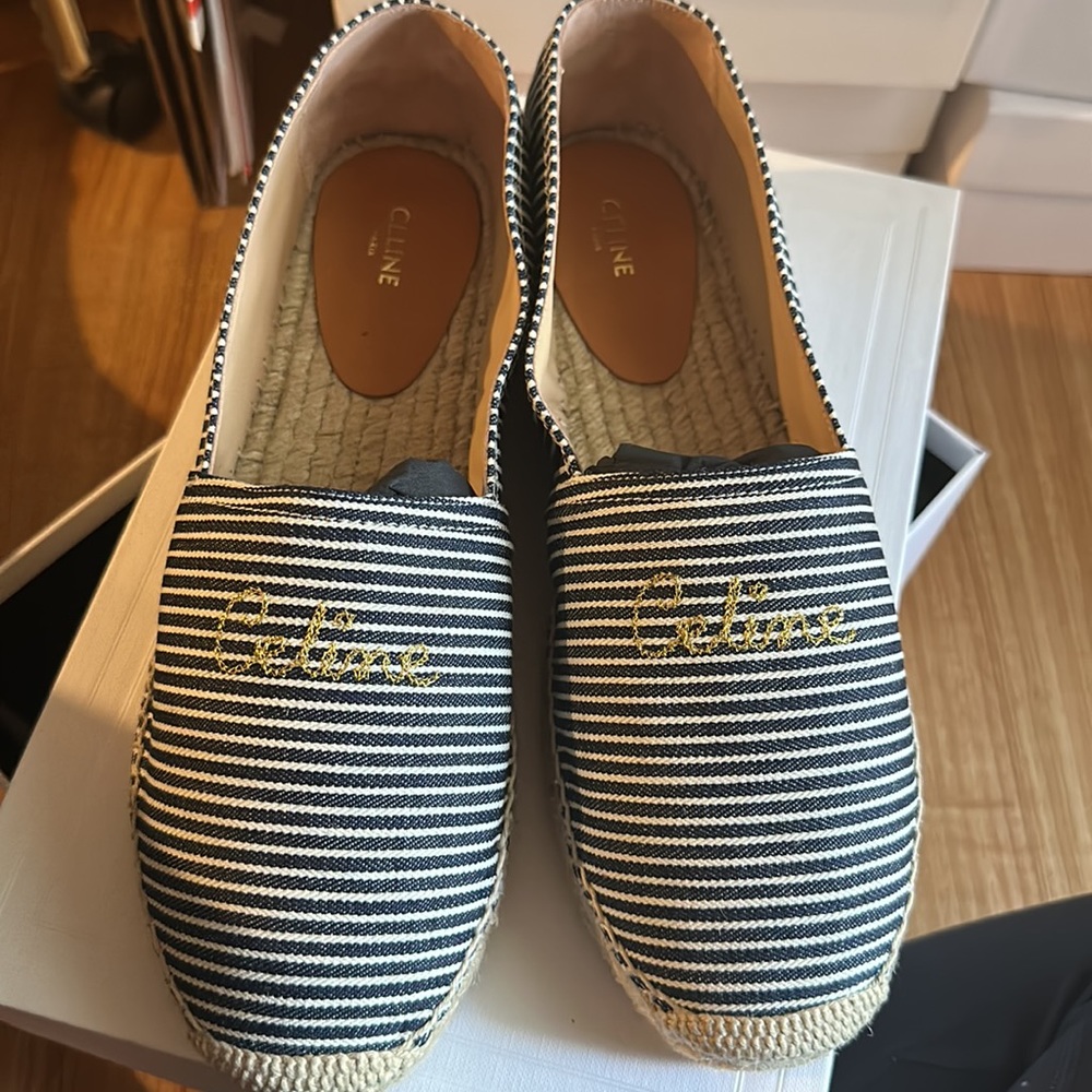 celine espadrille 40 stripped navy white gold cute summer vacation - Picture 2 of 7